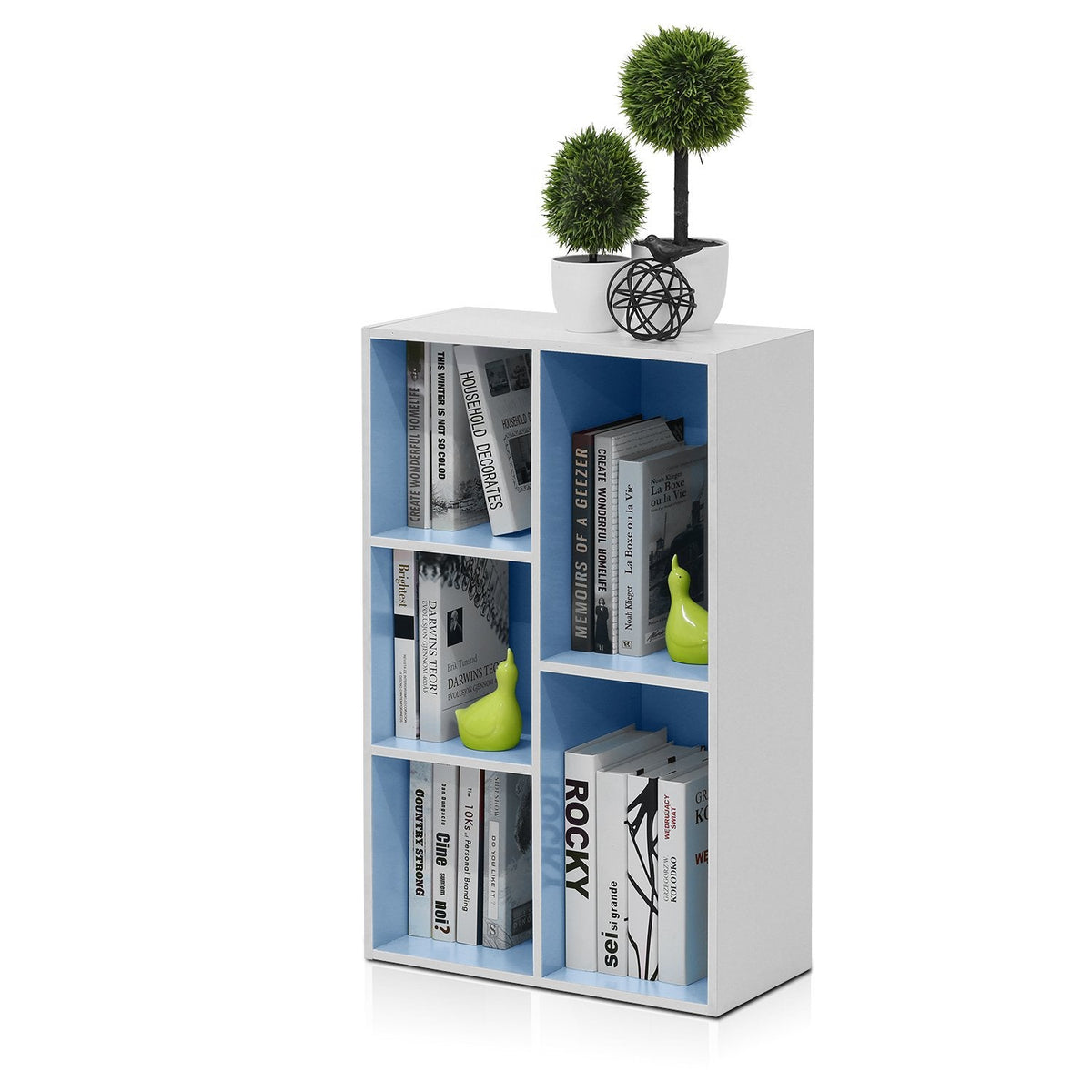 Furinno LUDER Book Shelf, 5-Cube Bookshelf, Reversible Bookcase, 9.4 x 19.5 x 31.5, Easy Assembly, for Living Room, Bedroom, Home Office, White/Light Blue