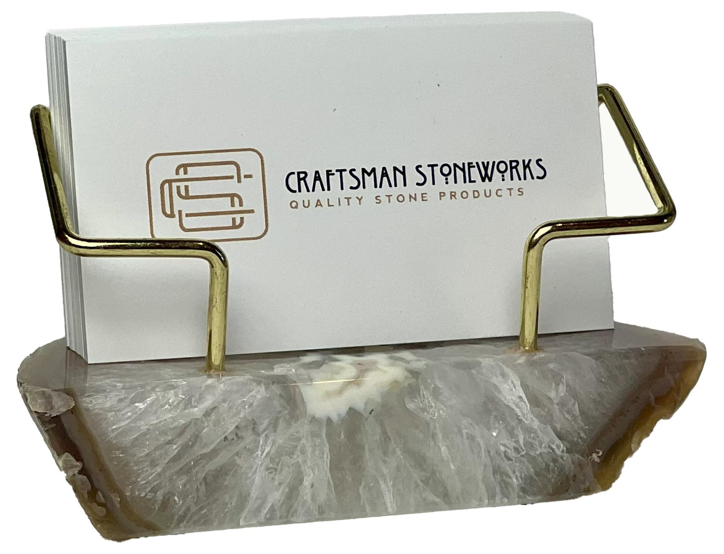 Craftsman Stoneworks Dyed Agate Business Card Holder Desktop Display Stand with Metal Wire Holder for Office Professionals - Holds up to 70 Cards (Natural, Medium)