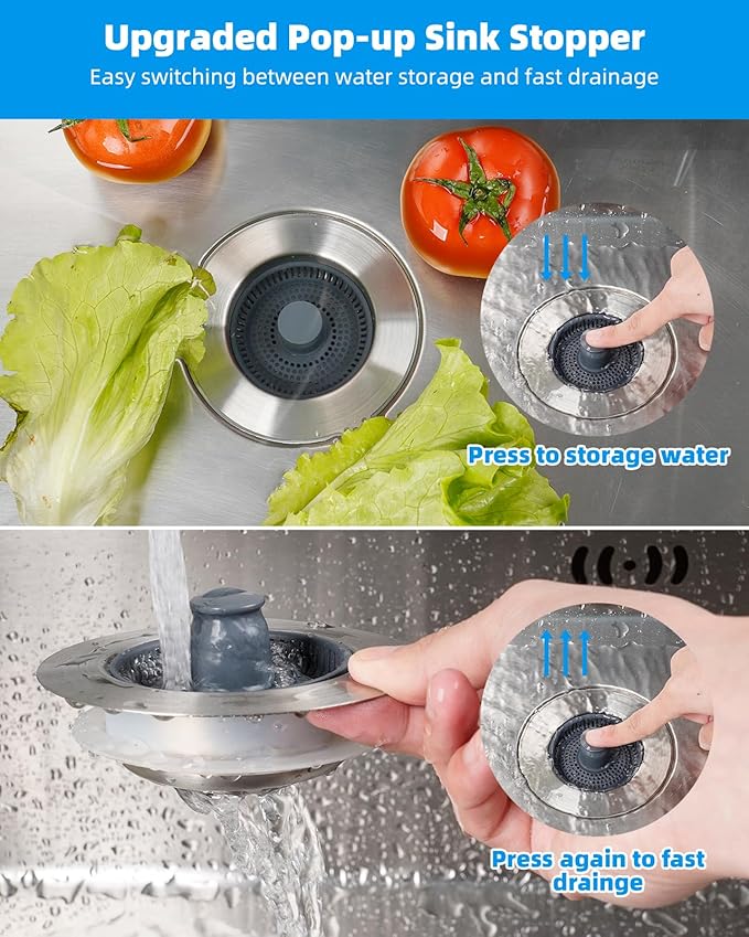 Hibbent 2 Pack Upgraded 3 in 1 Kitchen Sink Drain Strainer and Stopper Combo