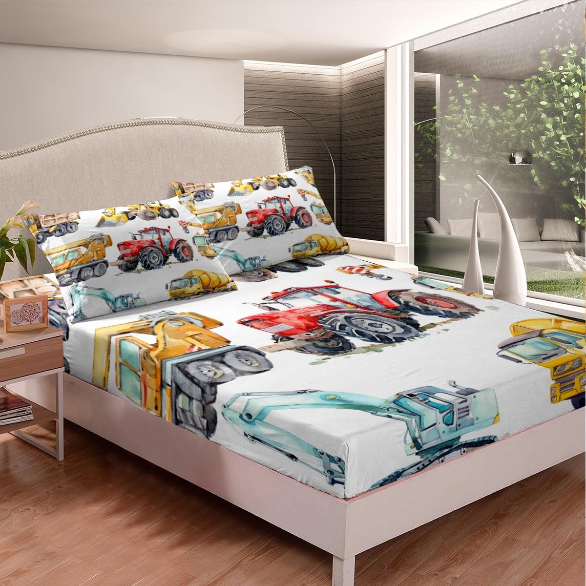 Erosebridal Excavator Bedding Set Full Size Truck Sheet Set for Kids Boys Girls Children Tractor Machinery Truck Fitted Sheet Crane Digger Mixer Bed Sheet Lightweight Décor