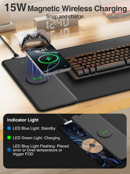 2-in-1 Mouse Pad with Magnetic Wireless Charging, 31.5"x11.8" Large, Waterproof Smooth Surface, Non-Slip Base, No Adapter, Black