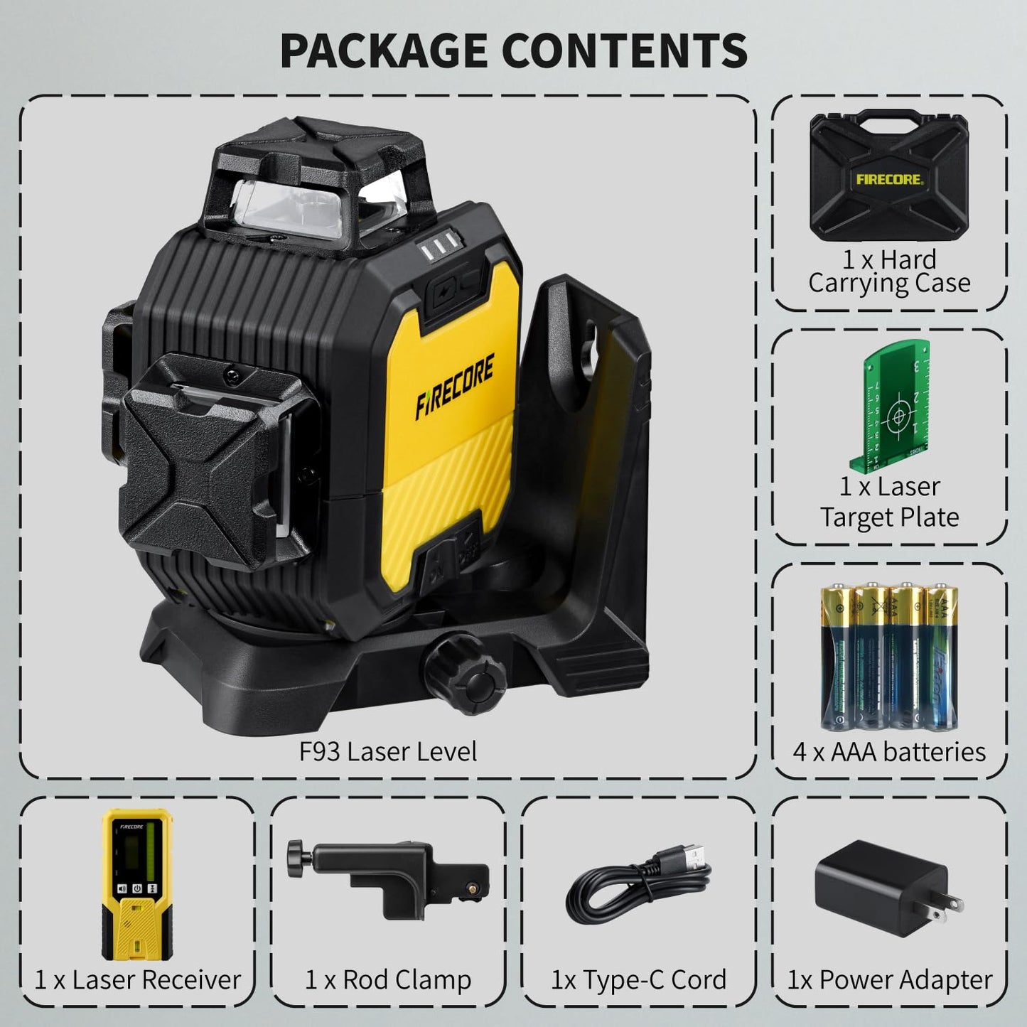 Firecore Laser Level with Receiver Kit, 1/13" High Accuracy, Laser Level 360 Self Leveling with Pulse Mode for Outdoor Up To 197ft, Rechargeable Green Line Laser for Home Renovation Construction-F93
