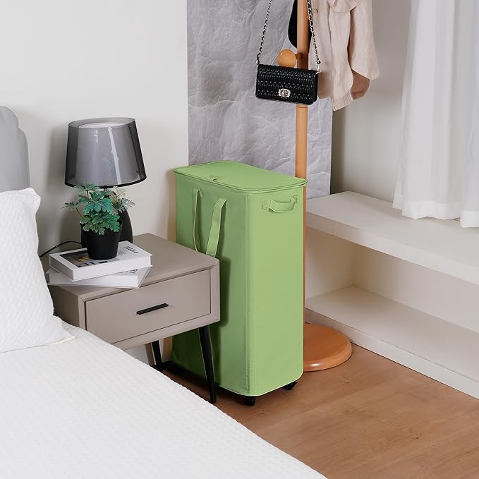 Slim Laundry Hamper with Lid and Wheels, Small Rolling Laundry Basket with