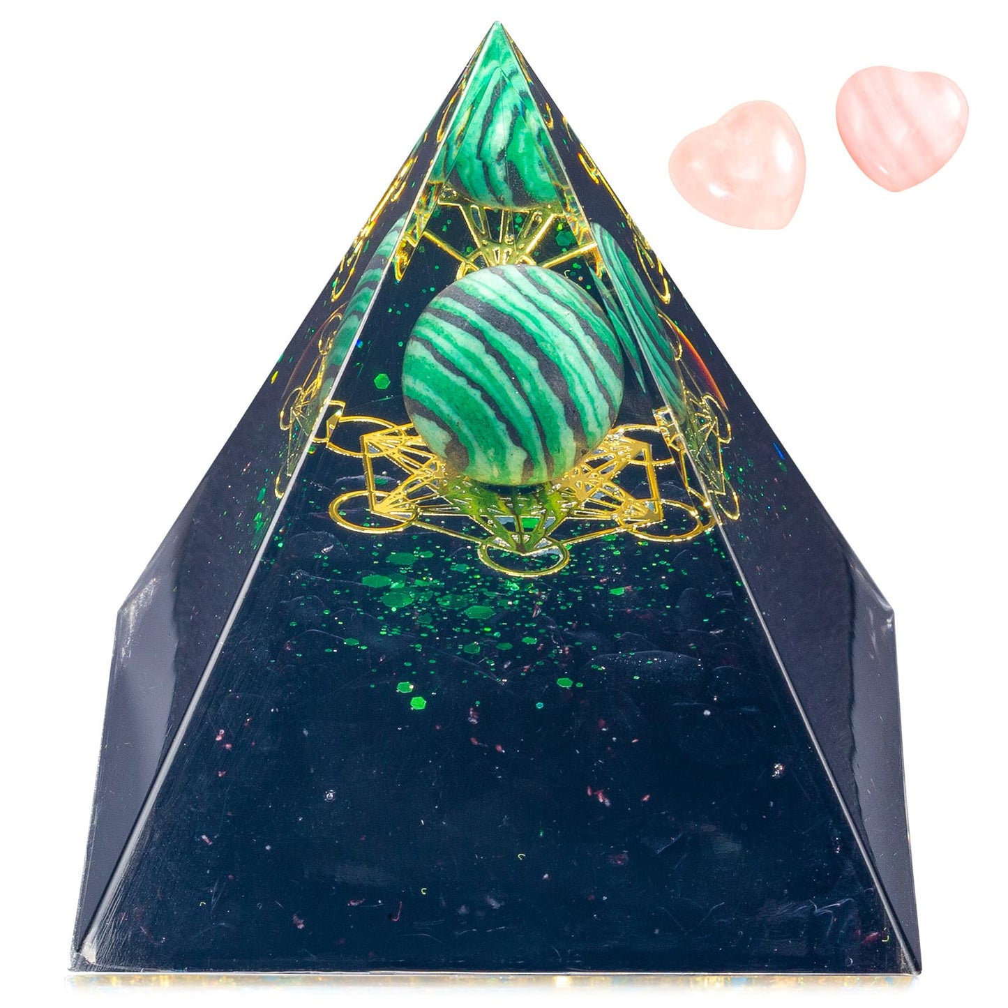 Orgone Crystal Pyramid for Positive Energy, Malachite Sphere Sacred Geometry Healing Crystal Pyramid, Obsidian Crystal Chips Energy Generator, Meditation Energy Healing Decor & 2 pcs Rose Quartz Heart