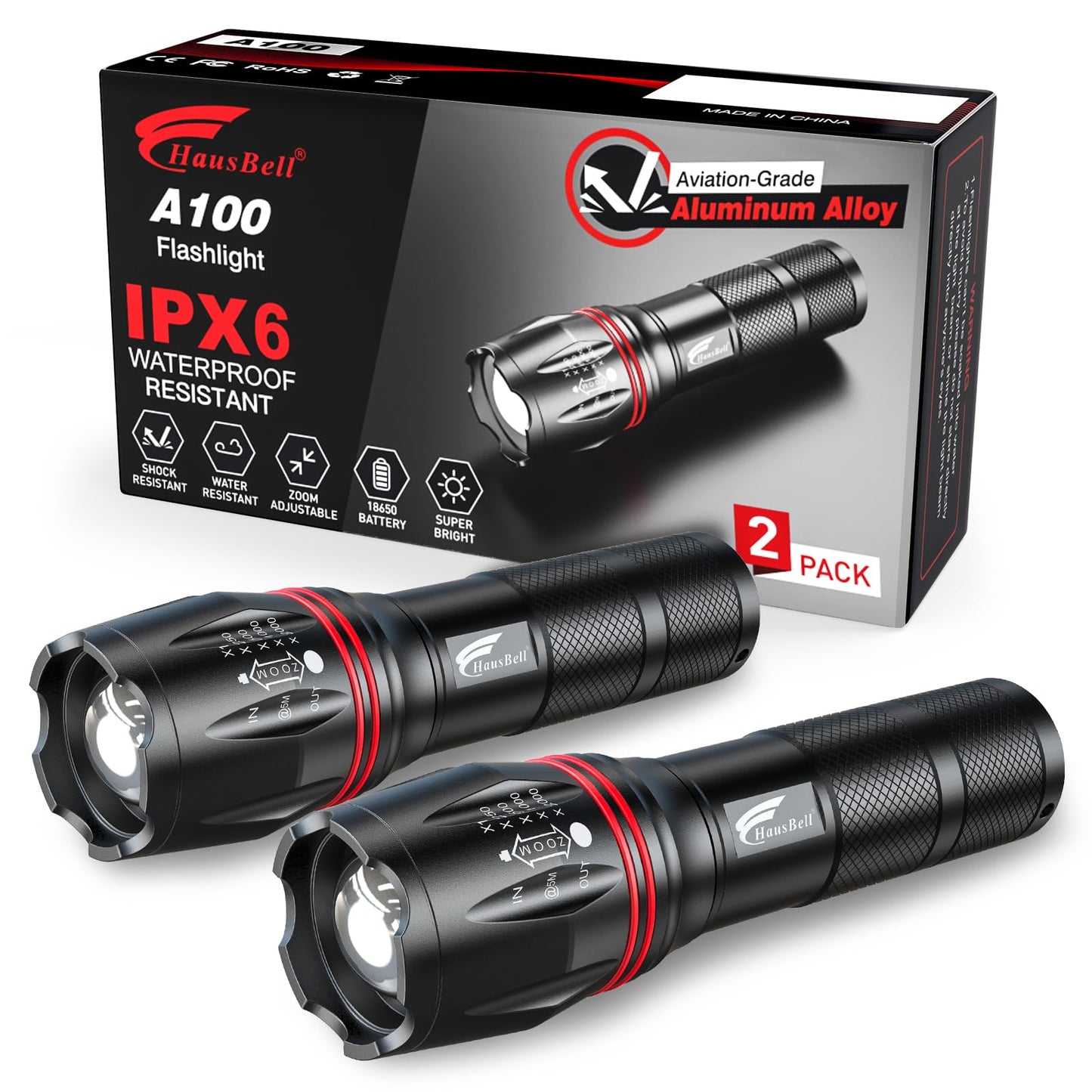 HAUSBELL LED Torch 2000 Lumens (2 Pack), Super Bright Flashlight with 5 Modes, Zoomable Focus, Battery Powered, Water-Resistant Tactical Torch for Camping, Hiking & Emergency Use