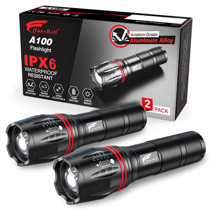 HAUSBELL LED Torch 2000 Lumens (2 Pack), Super Bright Flashlight with 5 Modes, Zoomable Focus, Battery Powered, Water-Resistant Tactical Torch for Camping, Hiking & Emergency Use