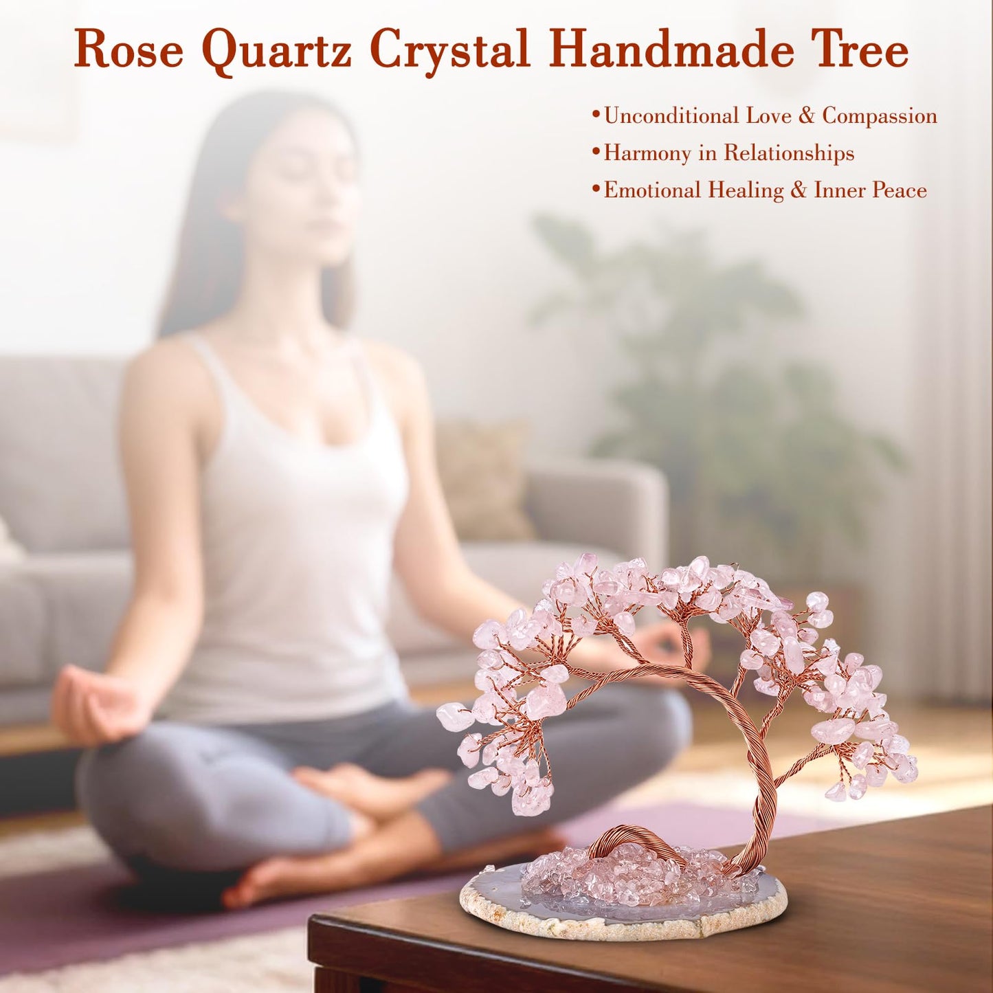 Rose Quartz Crystal Tree with Agate Slice Base - Handmade Feng Shui Money Tree for Love & Abundance, Mini Pink Desk Bonsai, Heart Chakra Healing Decor & Gift