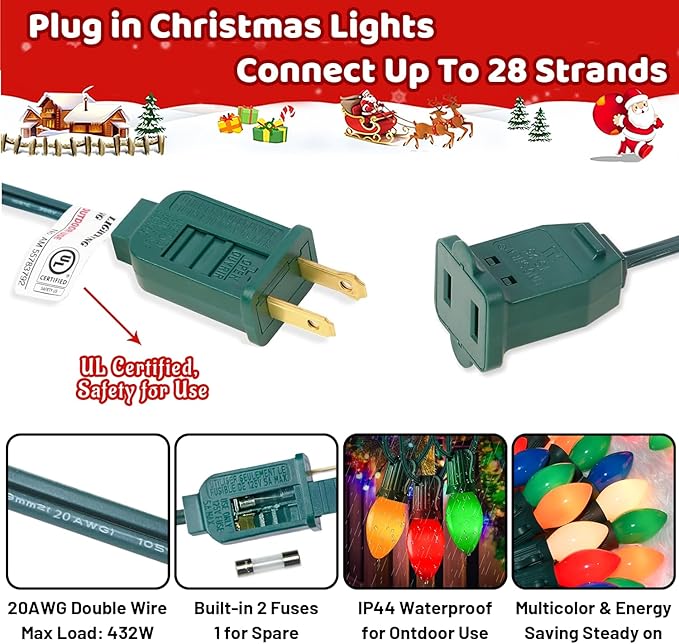 Christmas Decorations - C7 LED Christmas Lights Outdoor, 25Ft Vintage Christmas Lights Multicolor LED Christmas Tree Lights Shatterproof with 25+2 Bulbs for Christmas Tree Home Yard Decor, 0.6W
