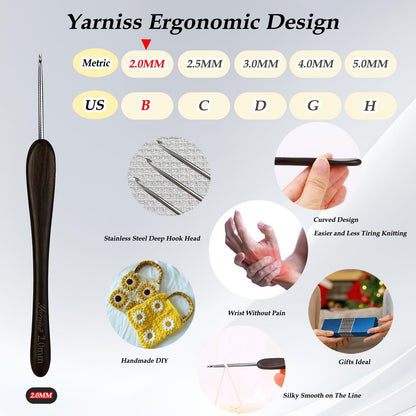 Yarniss 2.0 mm Ergonomic Crochet Hook with Ebony Wood Handle, Hand-Polished Stainless Steel Crochet Needle, Comfortable Crochet Tools with Gift Box