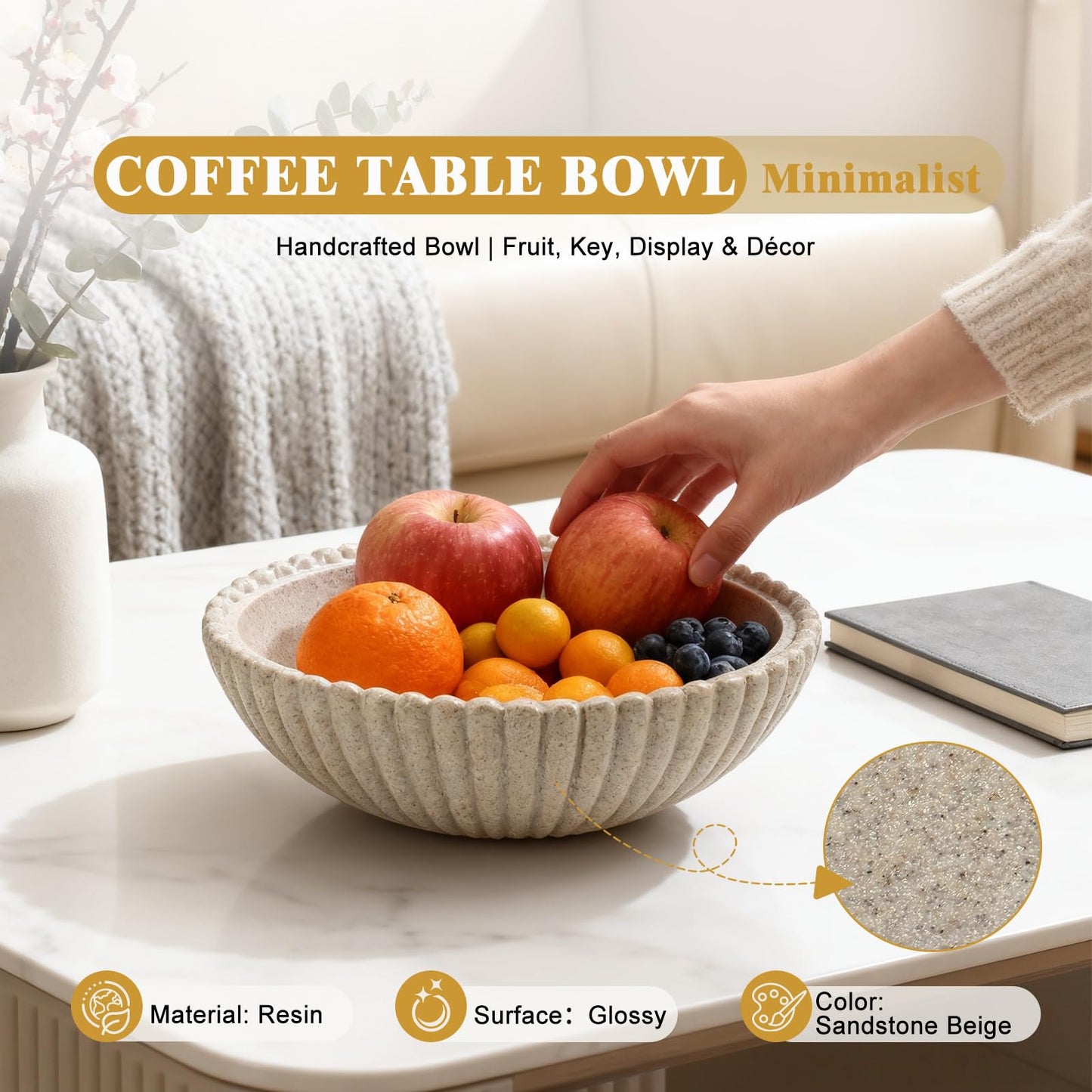 Richtmall Large Resin Decorative Bowl 12 Inch, Fruit Bowl Sandstone Ruffle Key Bowl for Coffee Table Shallow Centerpiece Bowl Catch All Bowl for Kitchen Counter, Entryway, Living Room