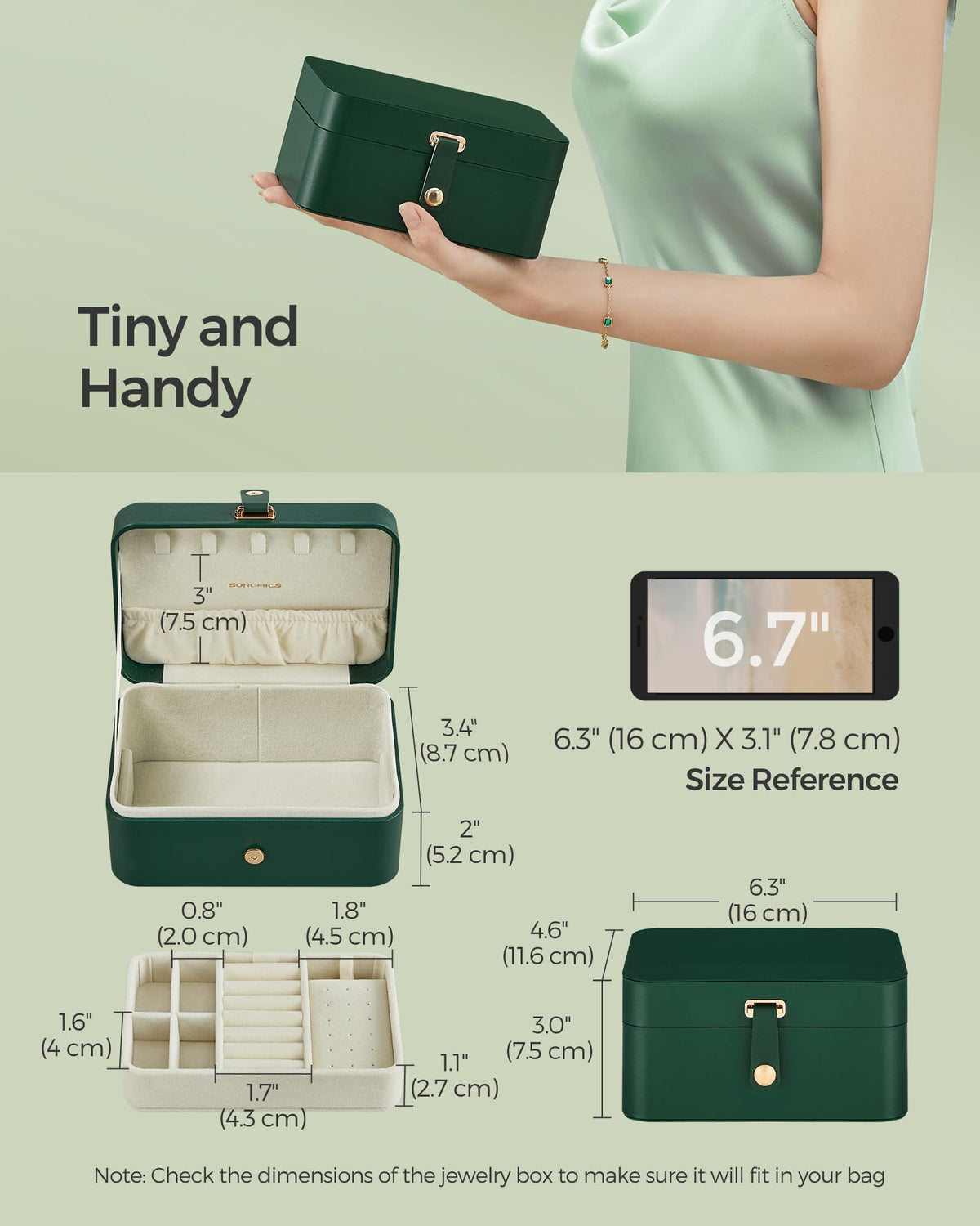 SONGMICS Jewelry Organizer Box, Travel Jewelry Case, 2-Layer Travel Case for Earrings, Necklaces, Bracelets - Portable Jewelry Storage with Large Capacity, Gift Idea, Forest Green UJBC166C01