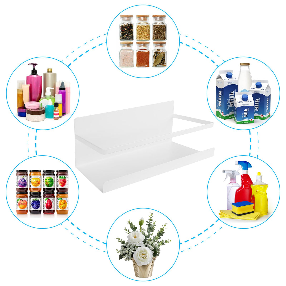 Magnetic Spice Rack for Refrigerator, 2 Pack Magnetic Shelf Fridge Organizer for Spice Jars, Magnet Shelves Seasoning Spice Holder with 4 Hooks for Kitchen White Board Pantry Organizers and Storage