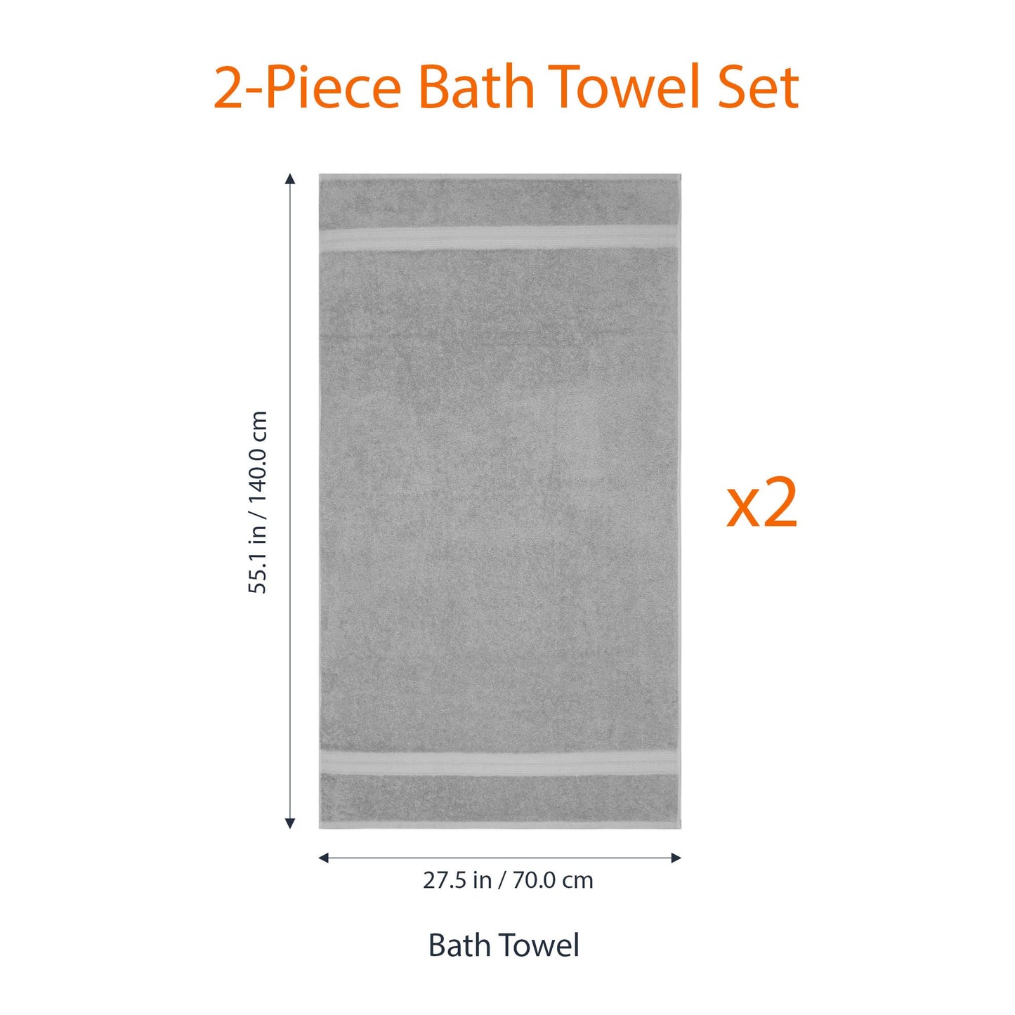 Amazon Basics 2 Bath towel for bathroom, Fade Resistant 100% Cotton Bath Towels, soft absorbent, 2-Pack (70x140 cm), Grey