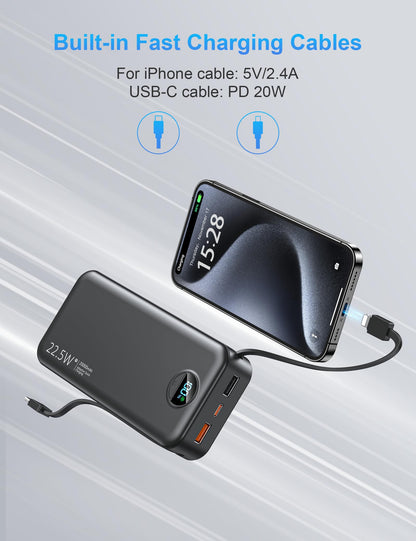 Ffnpua Portable Charger with Wall Plug, 20000mAh USB C Fast Charging Power Bank, External Battery Pack with Built in Cables, Digital Display, 5 Output 2 Input for iPhone Android Cell Phone Tablet