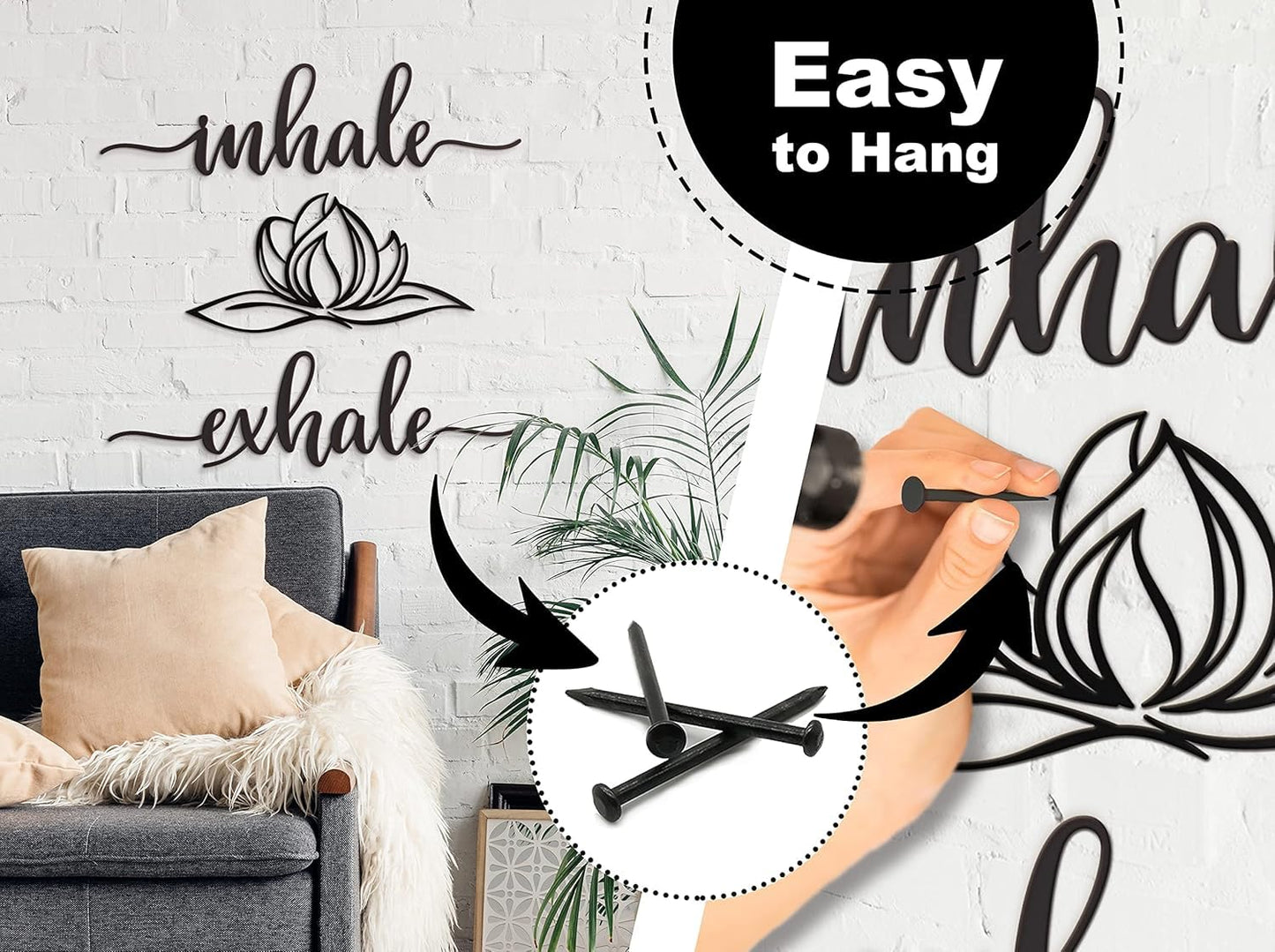 Home Inhale Exhale Wall Art Lotus Flower Metal Zen Large Wall Decor 18"X18" Black Modern Spiritual Yoga Lotus Steel Wall Sign Meditation Bathroom Living Room Shelf Plaque Wall Hanging Decoration Spiritual Inspirational Wall Pediment for Gym Massage Fitnes