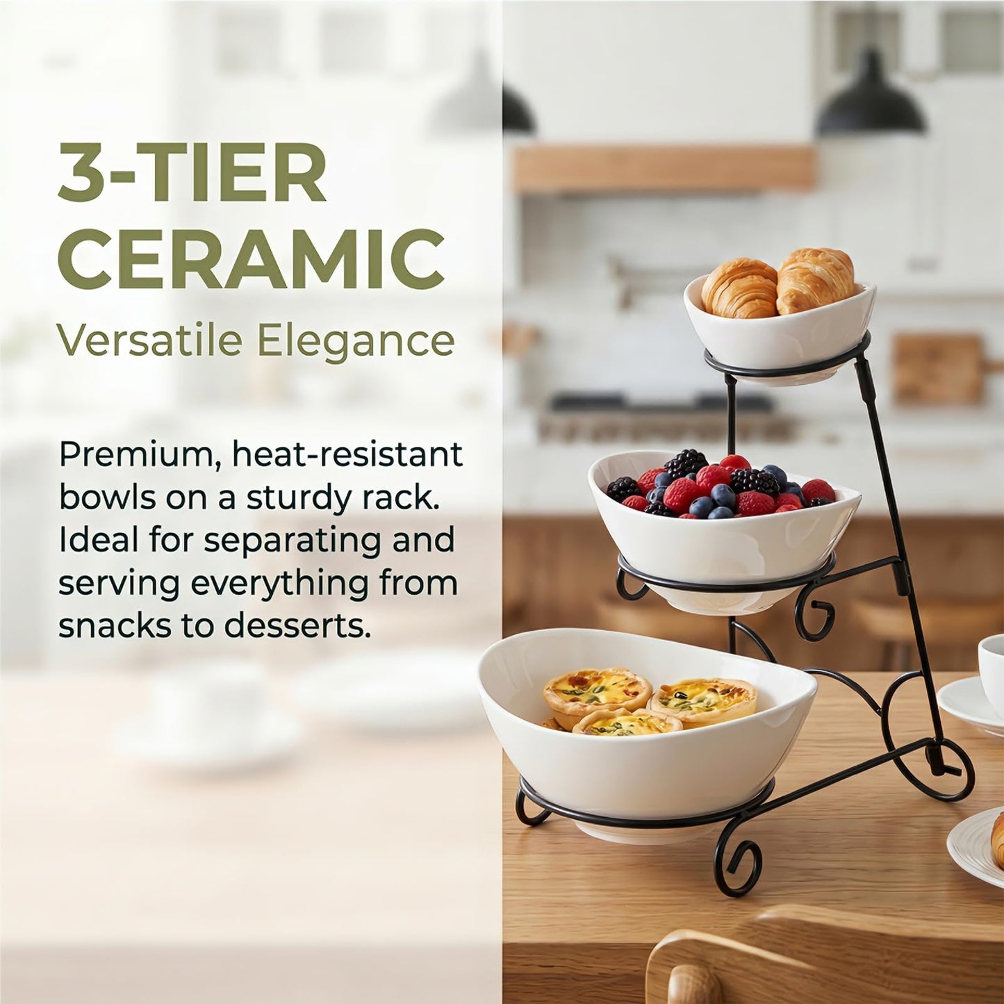 Covzoe Chip and Dip Serving Set, 3 Tiered Ceramic Serving Bowl Dishes with Collapsible Metal Rack, Appetizer Food Display Stand Platters for Fruit Dessert Party Entertaining