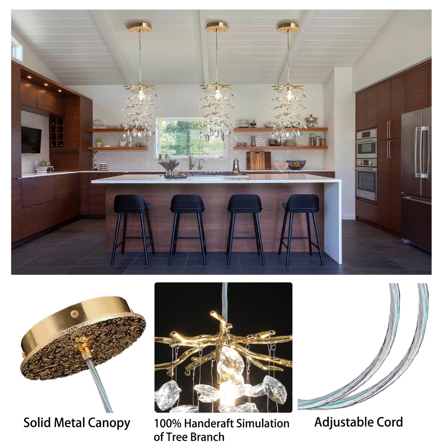 YUYI 8.3" Crystal Pendant Light for Kitchen Island, Modern Gold Tree Branch Chandeliers, Luxury Round Raindrop Chandelier Pendant Lights Fixture for Dining Room, Living Room, Bedroom, Foyer, Entryway