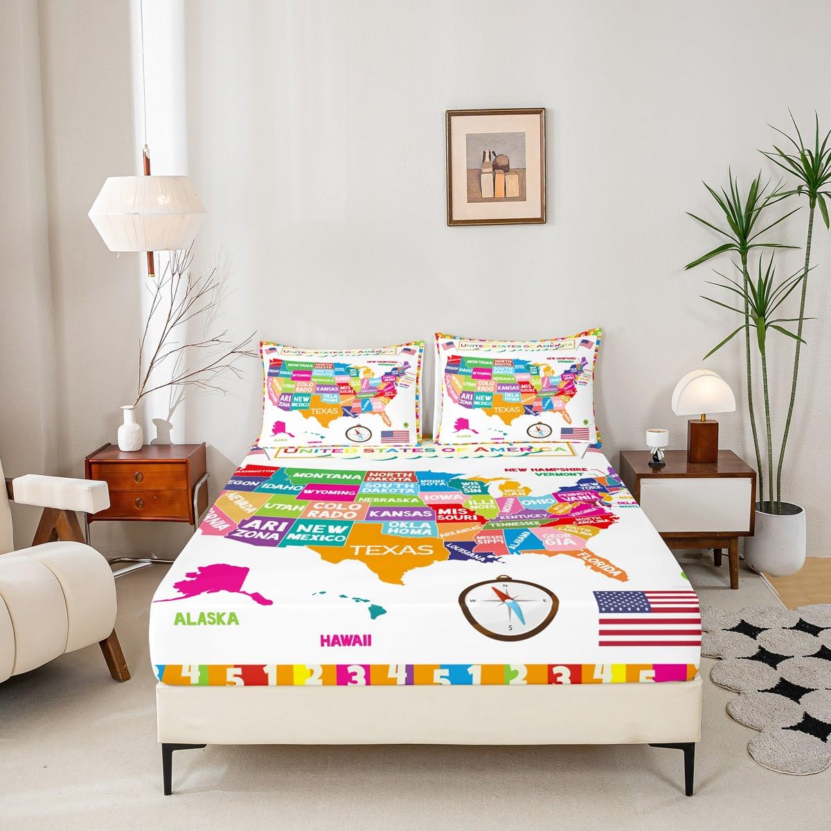 USA Map Fitted Sheet Twin, Geography USA Map Bed Sheet Set for Boys Girls Educational Bedding Set Learning Time Bed Cover 2Pcs (No TOP Sheet)