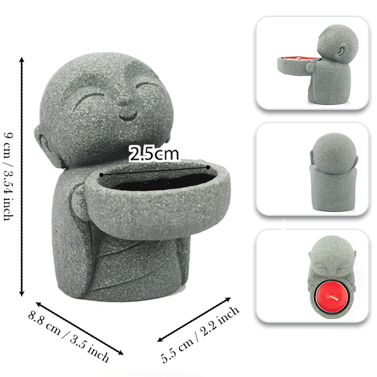ZKSYLSM Sandstone Buddha Statue Candle & Incense Cone Holder, Small Jizo Figurine for Home Decor, Tiny Buddha Zen Monk Tealight Holder for Desk, Shelf or Nightstand, 3.5" H Mini Stone Decor Gift