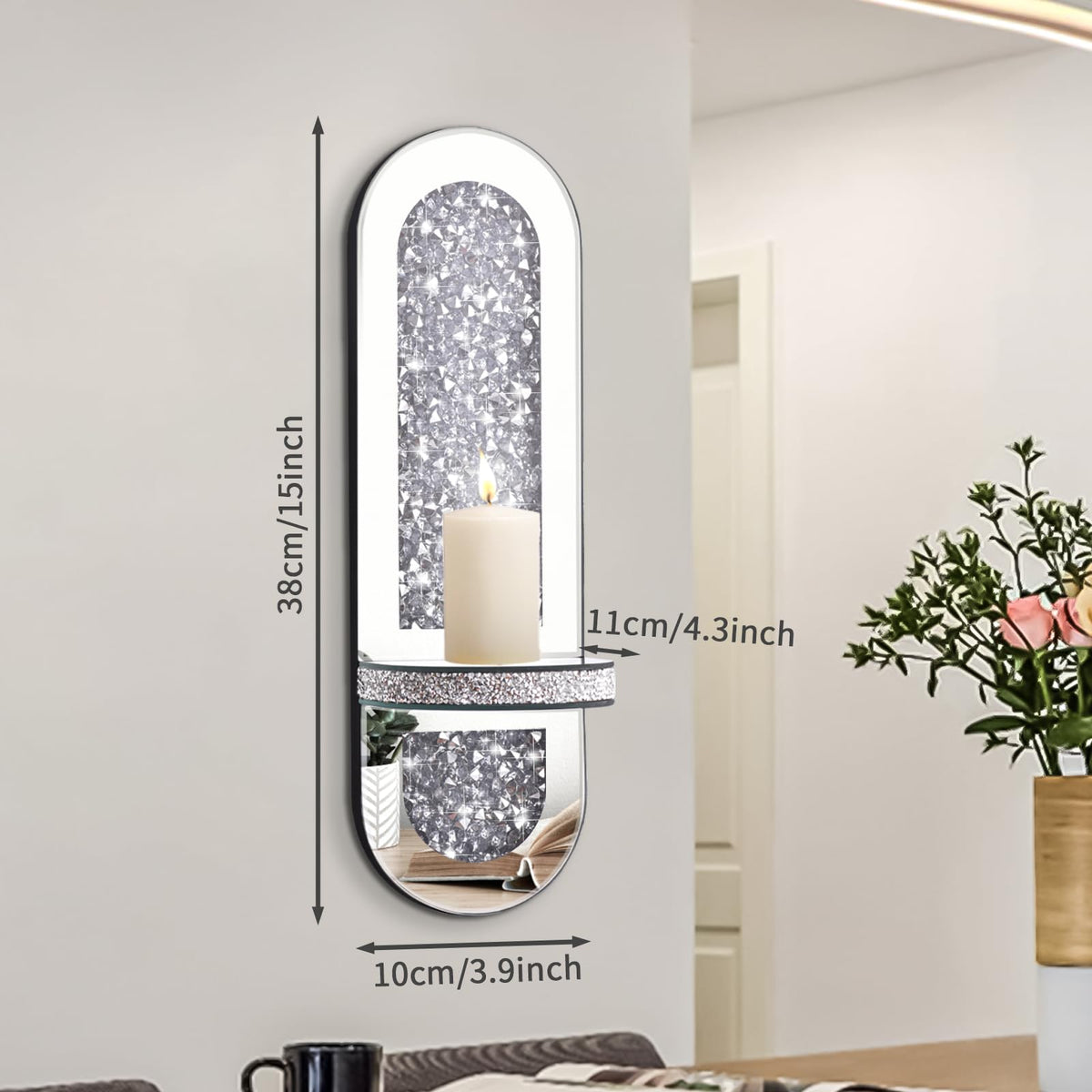Crystal Crushed Diamond Mirrored Candle Sconces Set of 2, Glam Silver Wall Candle Holders for Living Room Bedroom Hallway Decor Large Wall Mounted Mirror Candle Holder with Sparkly Crystal Shelf