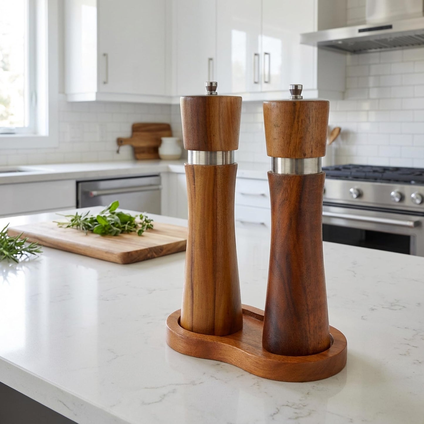 VanlonPro Salt and Pepper Mill Tray, Retro Sapele Wood Tray, Pepper Mill Holder & Rest (Inner Dia 2.6 Inch) fit Many Mills & Shakers, Salt & Pepper Grinder Accessories, Kitchen Storage Holder