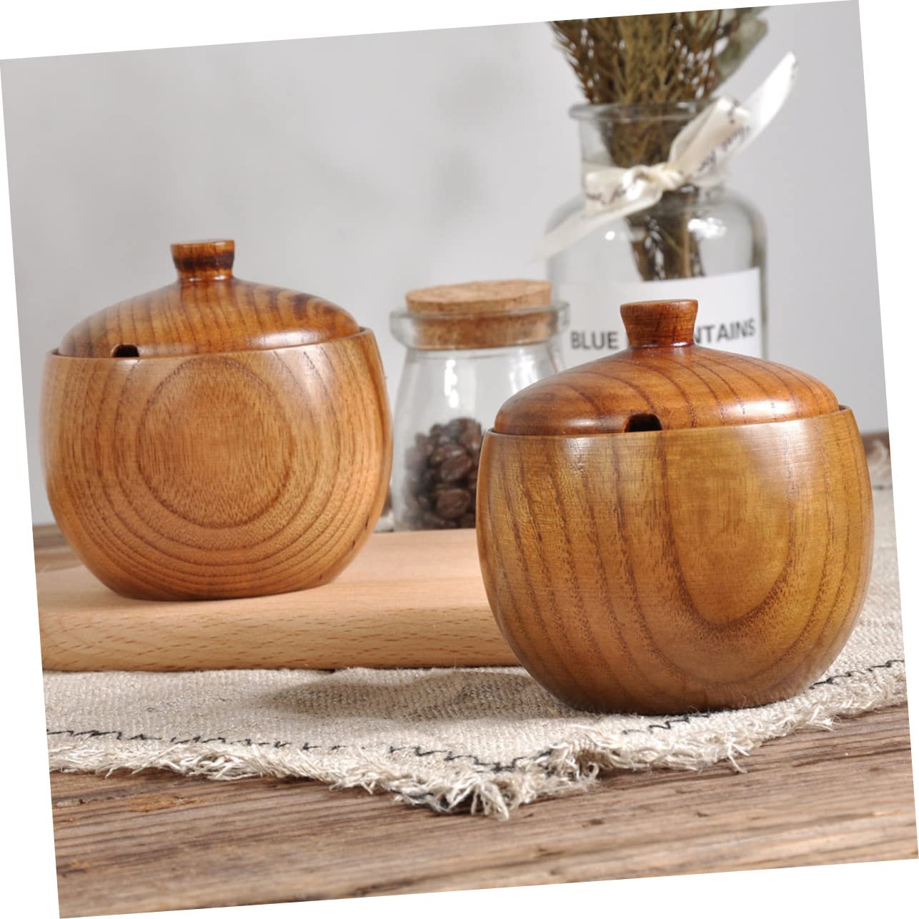 Garneck Elegant Wood Grain Condiment Pot Spice Organizer Lids Wooden Seasoning Jars for Salt Spices Seasonings Kitchen Box Lid Wood Condiment Container