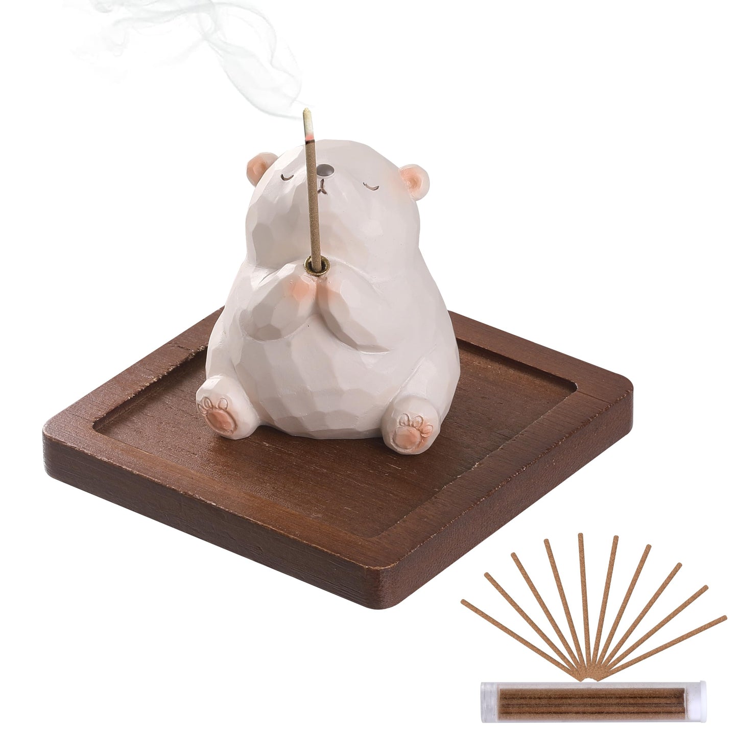 Lionpower Incense Holder for Sticks with Burner & Ash Catcher - Resin Bear, Wooden Tray, 10 Incense Sticks for Meditation Yoga Spa, Cute Home Decor Room Accessories (Bear)