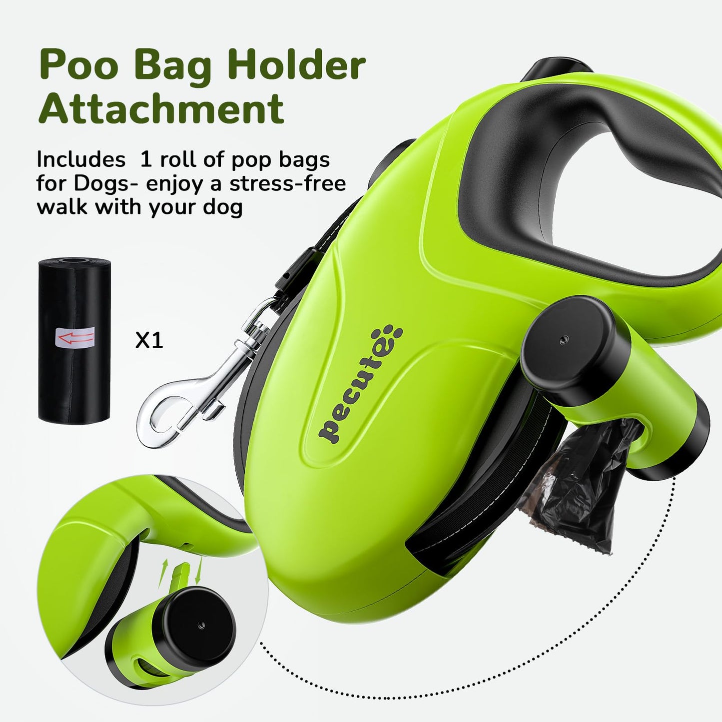 Pecute Retractable Dog Leash with Poo Bag Holder, 10m/32ft Extended dog Leash with 360° Tangle-Free, Anti-Slip Handle and Quick Brake Button, Suitable for Dogs Up to 110lbs/50kg in Weight