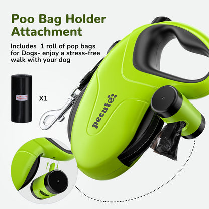 Pecute Retractable Dog Leash with Poo Bag Holder, 10m/32ft Extended dog Leash with 360° Tangle-Free, Anti-Slip Handle and Quick Brake Button, Suitable for Dogs Up to 110lbs/50kg in Weight