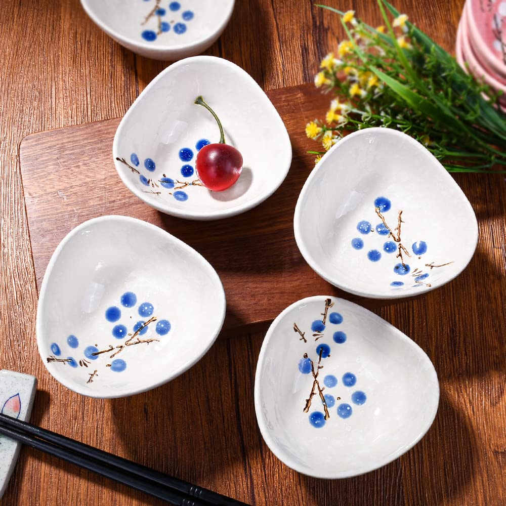 Whitenesser Ceramic Dipping Bowls Set of 5, 3.7 oz Japanese Style Mini Sauce Dishes, Hand-Painted Floral Patterned Prep Bowls for Soy Sauce, Sushi, Condiments, and Spices, Stackable Round Ramekins