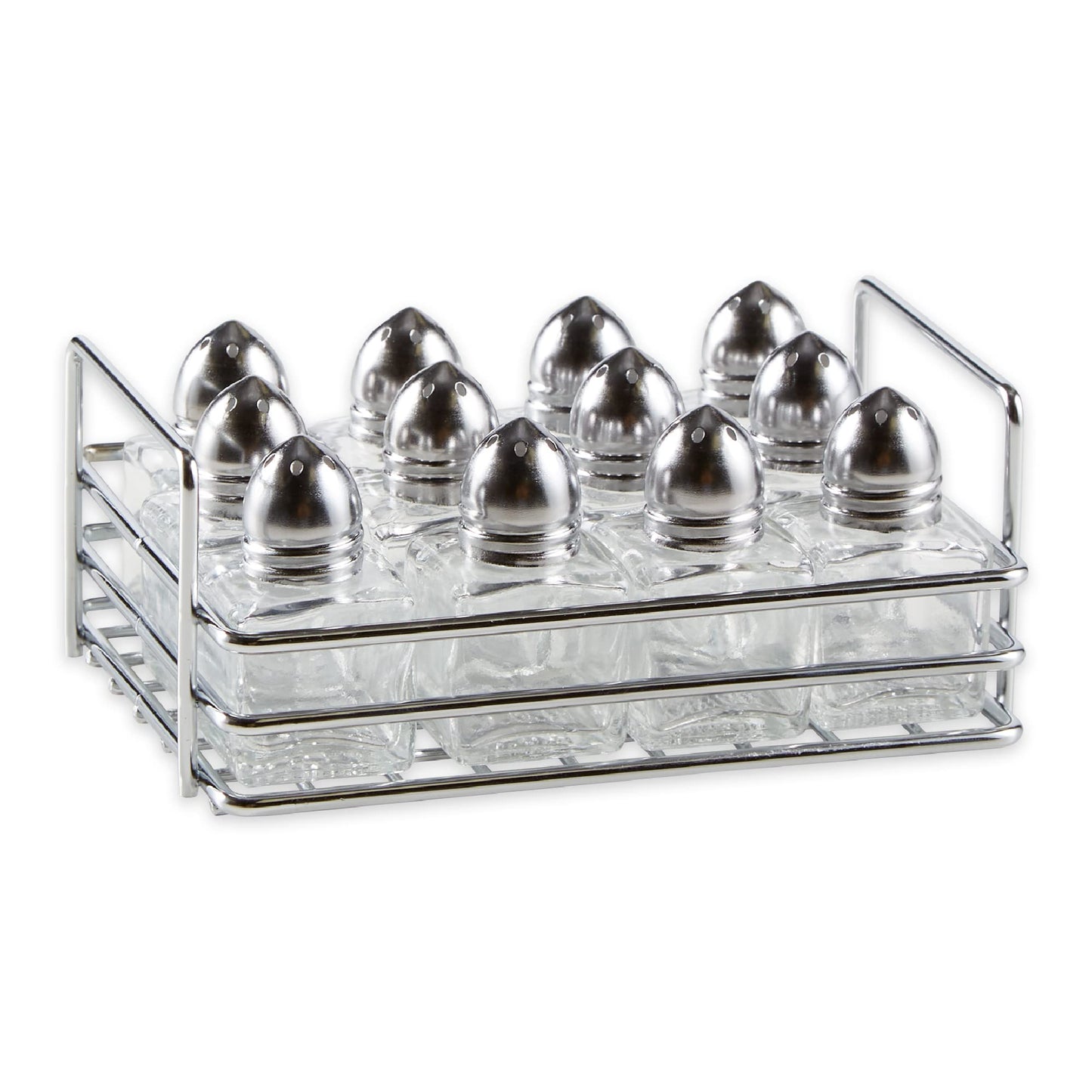 RSVP International Mini Glass Salt & Pepper Set Holder Included, 12 Shakers, Chrome and Stainless Steel