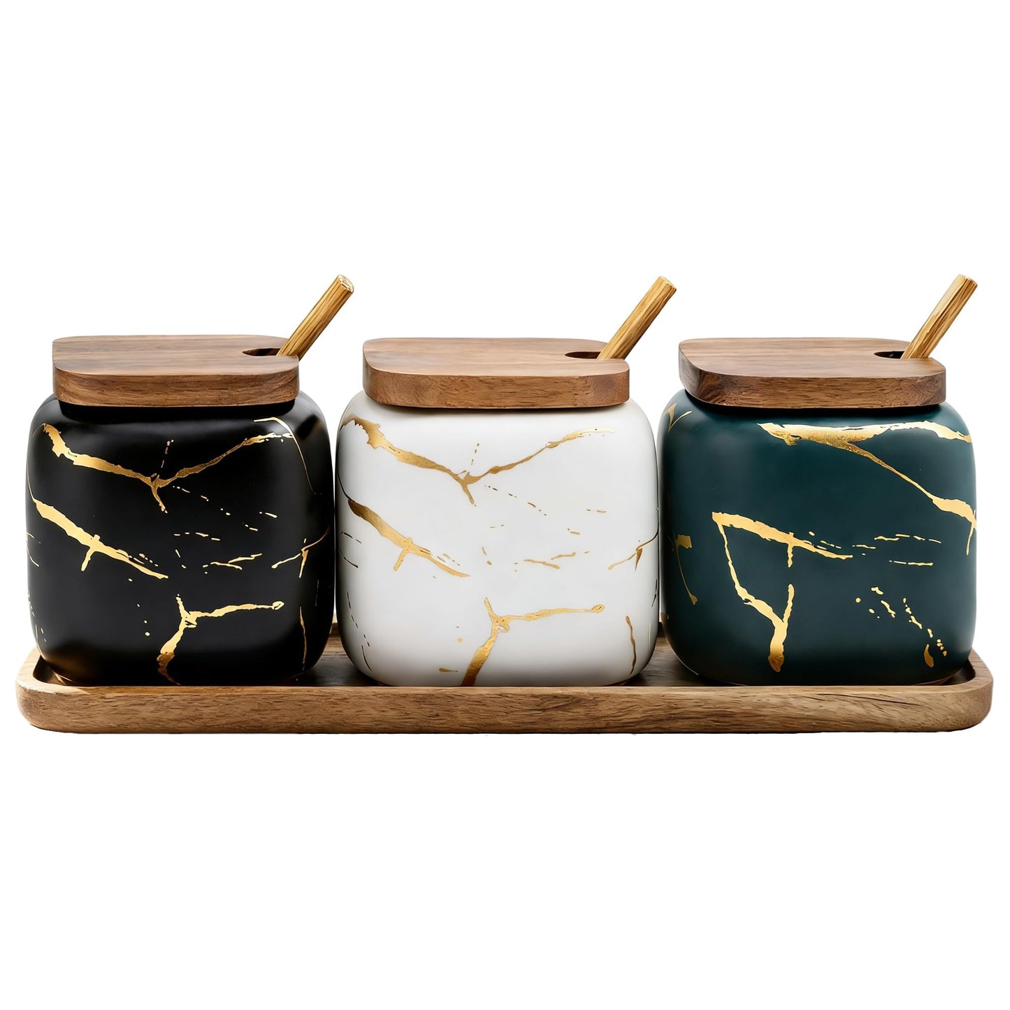 JFFLYIT 3 Pcs Sugar Bowls Ceramic Coffee Jar Set Ceramic Seasoning Jar with Lid Spoon and Tray/Food Storage Canister (Color Mixing)