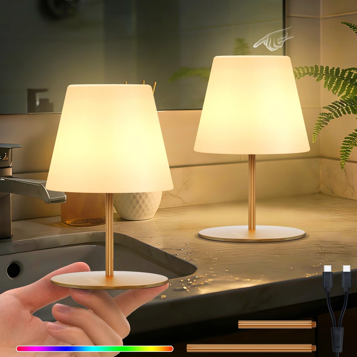 uuffoo 2 Pcs Mini Shower Lamp Rechargeable Table Lamp, Cordless Desk Lamps Bathroom Lamp Touch Warm White and RGB IP44 USB-C Cable, Easily Portable for Bedroom Bathroom Balcony Patio (Gold)