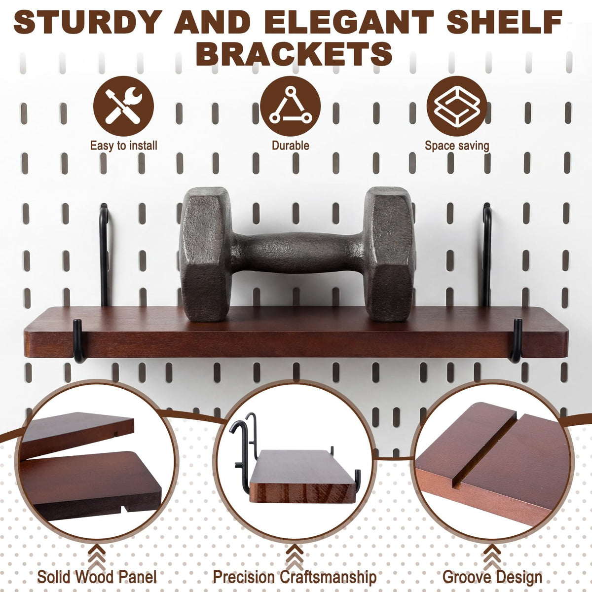 Novabright 6 Pcs Walnut Color Pegboard Shelves Set with Metal Brackets Hooks 11.8 x 4'' Wall Wooden Pegboard Shelving Heavy Duty Accessories for Crafts Office Garage, Compatible with IKEA Skadis