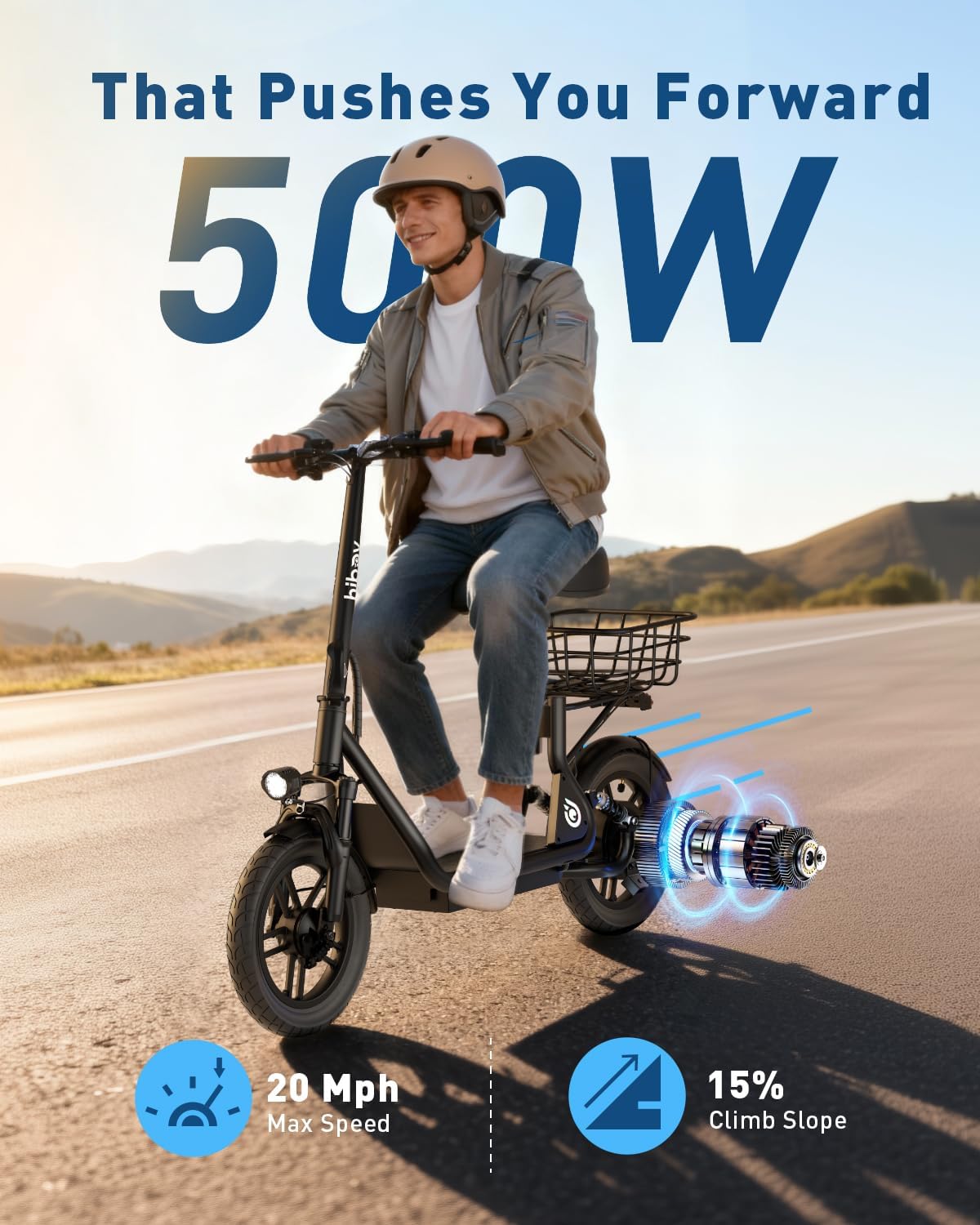 Hiboy Q2 Adult Electric Scooter with Seat & Phone Holder – 500W Motor, 22mi Range, 14" Wheels, Dual Suspension, Neon Lights, Foldable for Commute, Flame Orange