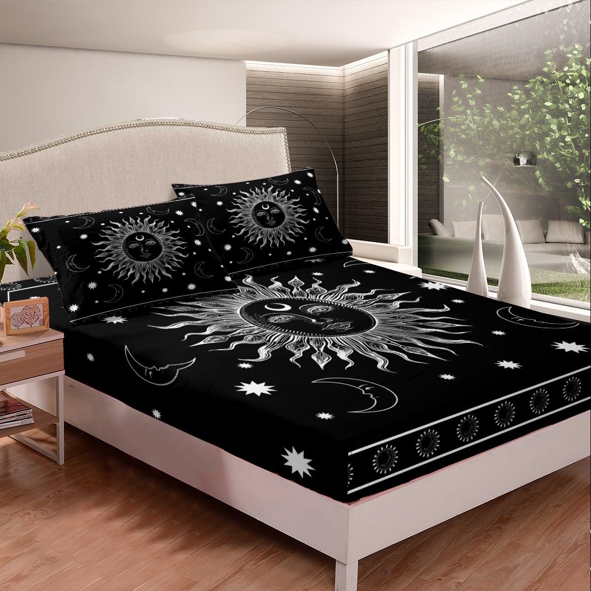 Feelyou Sun and Moon Fitted Sheet Boho Exotic Bedding Set for Kids Boys Girls Teens Decor Bohemian Celestial Bed Sheet Set Black White Hippie Design Bed Cover No Flat Sheet 2Pcs Twin Size