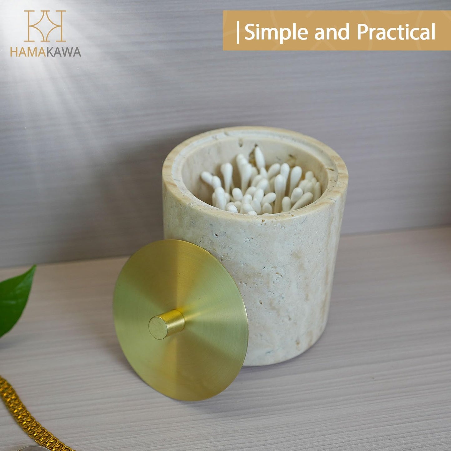 HAMAKAWA Nartural Marble Qtip Holder with Brass Lid, Beige Travertine Cotton Swab Jar, Modern Round Canister, Small Apothecary Storage Jars for Bathroom, Bedroom, Vanity, Kitchen Cabinet