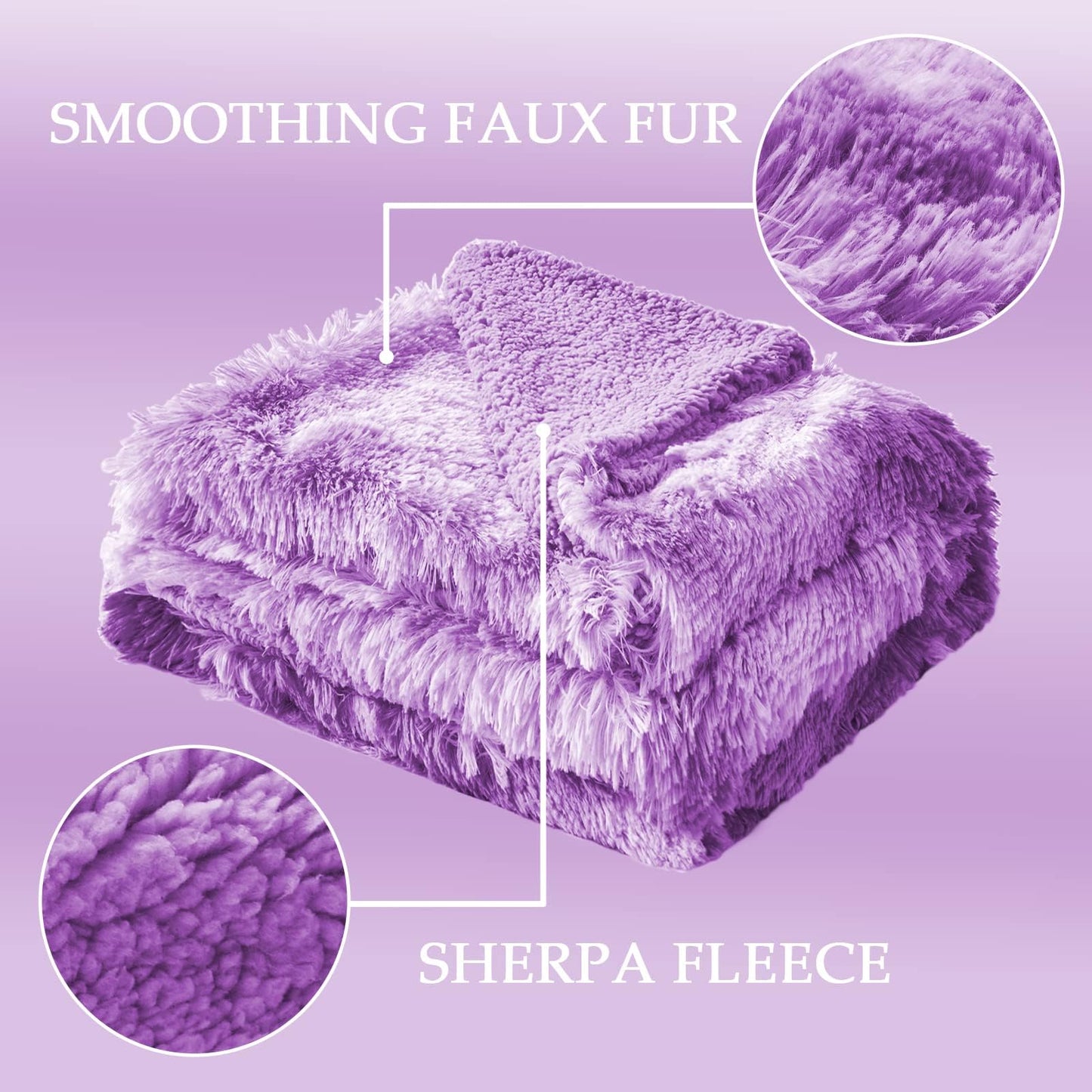 Exclusivo Mezcla Fuzzy Faux Fur Throw Blanket, Reversible Shaggy Sherpa Fleece Tie Dyed Blankets, Fluffy Plush Warm Throws for Couch, Bed, 50x60 Inches, Purple