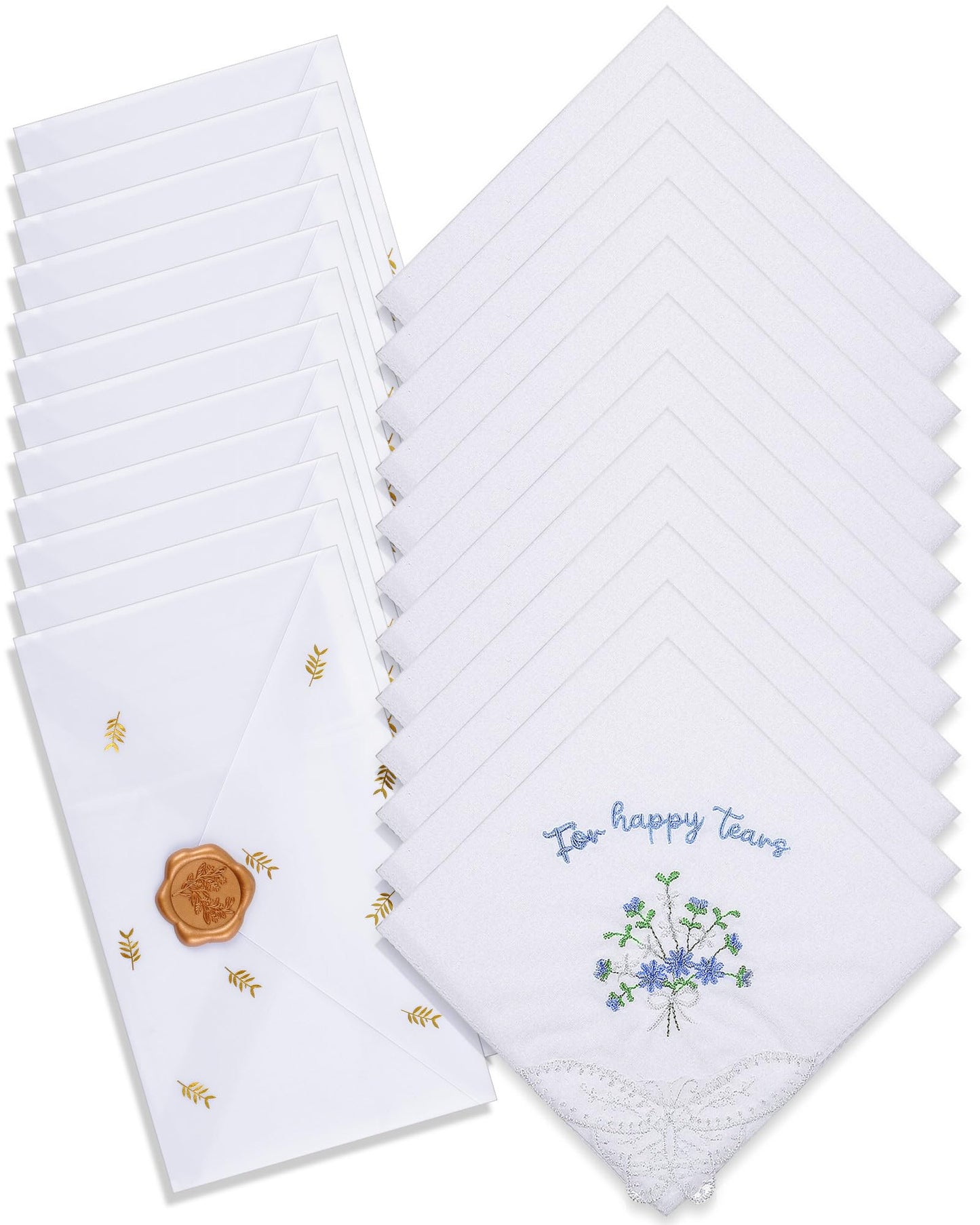 12 Set 6/12 Sets Embroidered For Happy Tears Wedding Handkerchiefs 11" x 11" with Lace Mother of the Bride Gifts for Bride Party