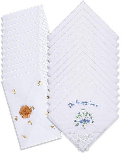 12 Set 6/12 Sets Embroidered For Happy Tears Wedding Handkerchiefs 11" x 11" with Lace Mother of the Bride Gifts for Bride Party