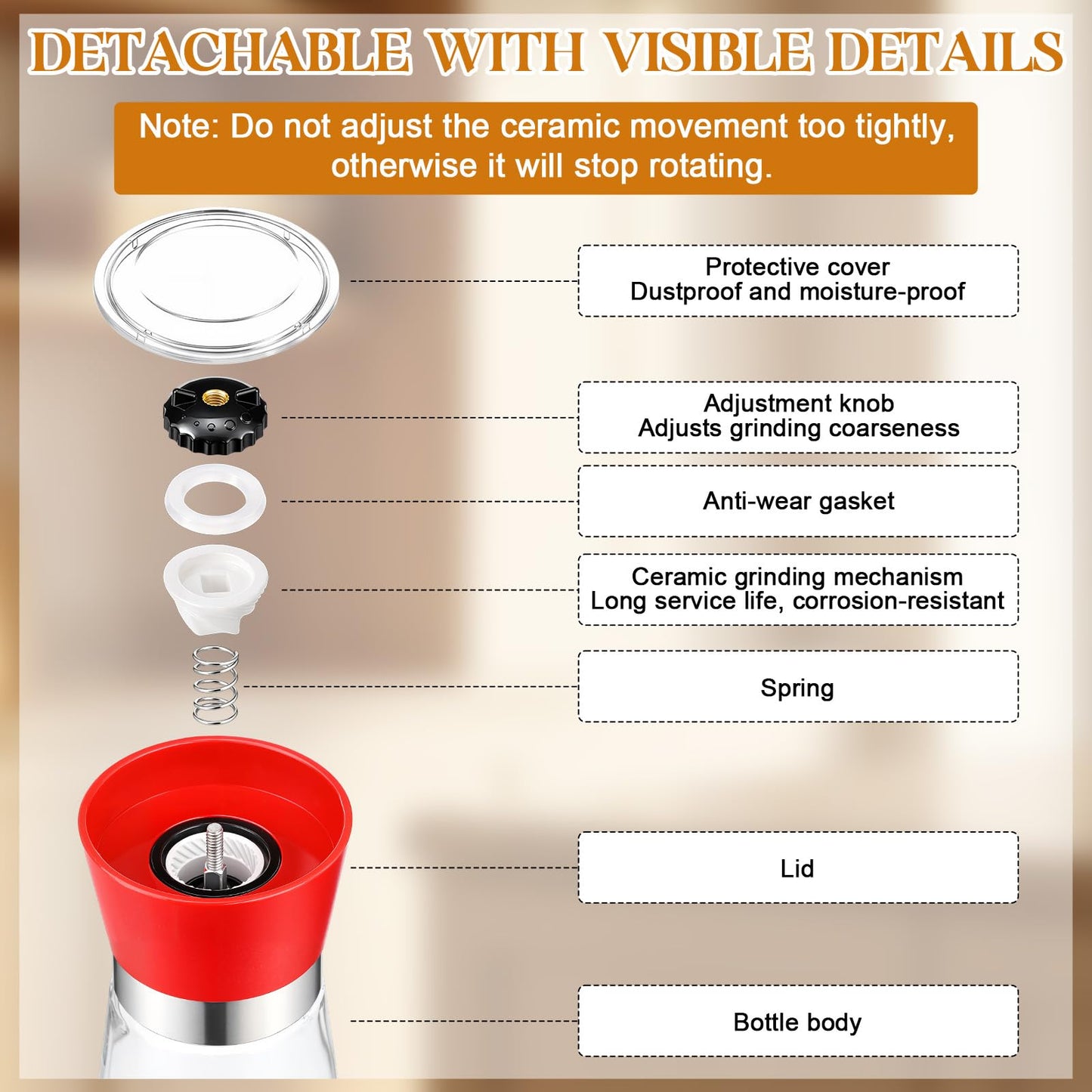 Mifoci 3 Pcs Manual Salt and Pepper Grinder Set, Refillable Salt and Pepper Shakers, Adjustable Coarseness Bpa-free Glass Container with 8 Sticker 1 Markers, Short Black White Red