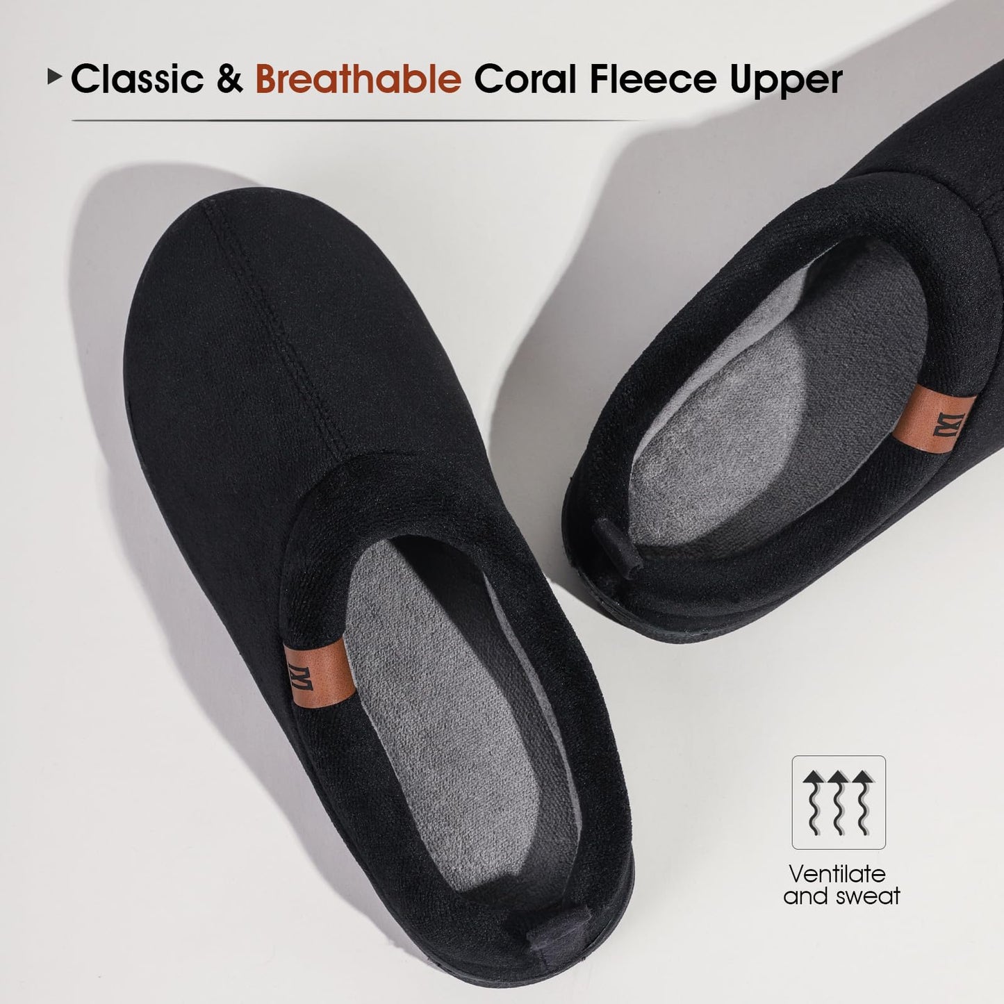MERRIMAC Men's Slip-on Slippers Comfy Memory Foam Non-slip Indoor House Shoes Dark Black,9/10 UK