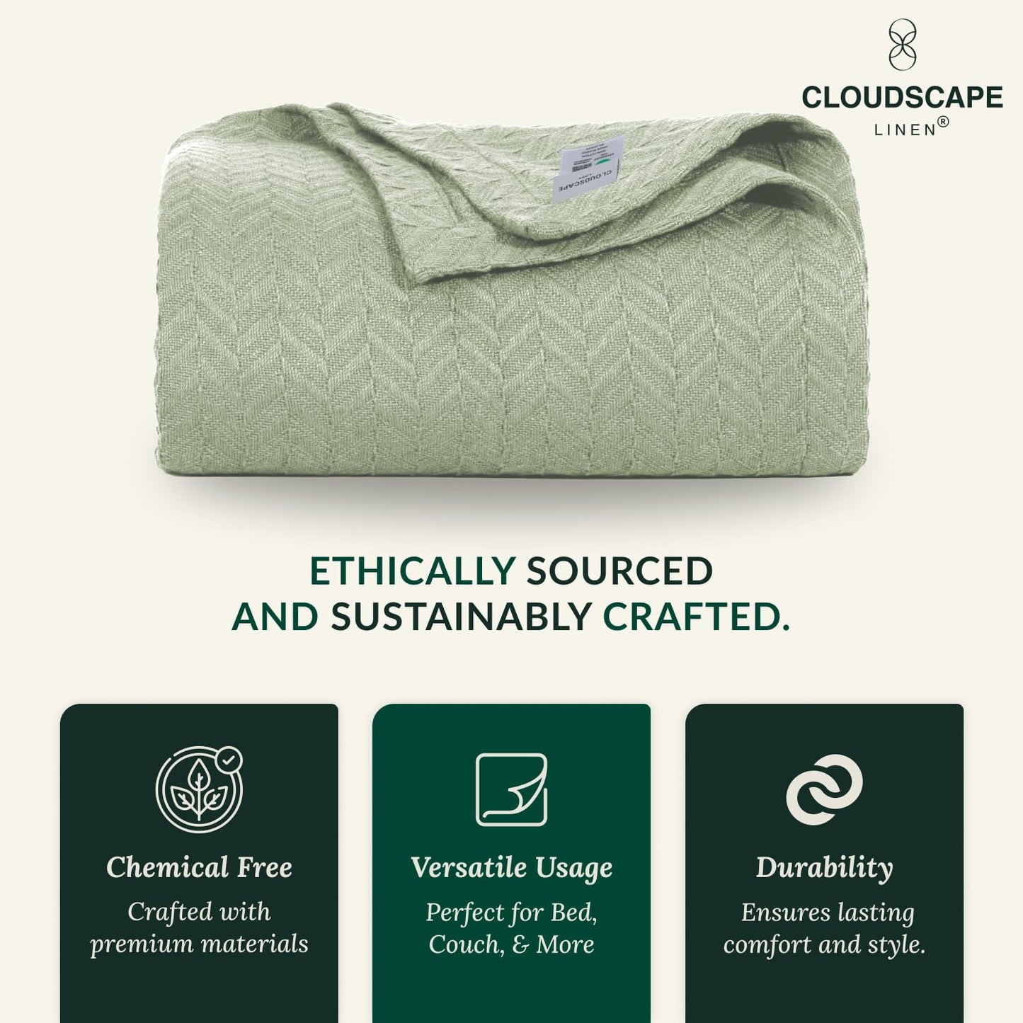 CLOUDSCAPE 100% Cotton King Size Blanket, Soft Herringbone Weave, 92"x108", Fits Upto Cal King, Breathable Lightweight Summer King Cotton Blanket for Adults, All Season Blankets - Seafoam