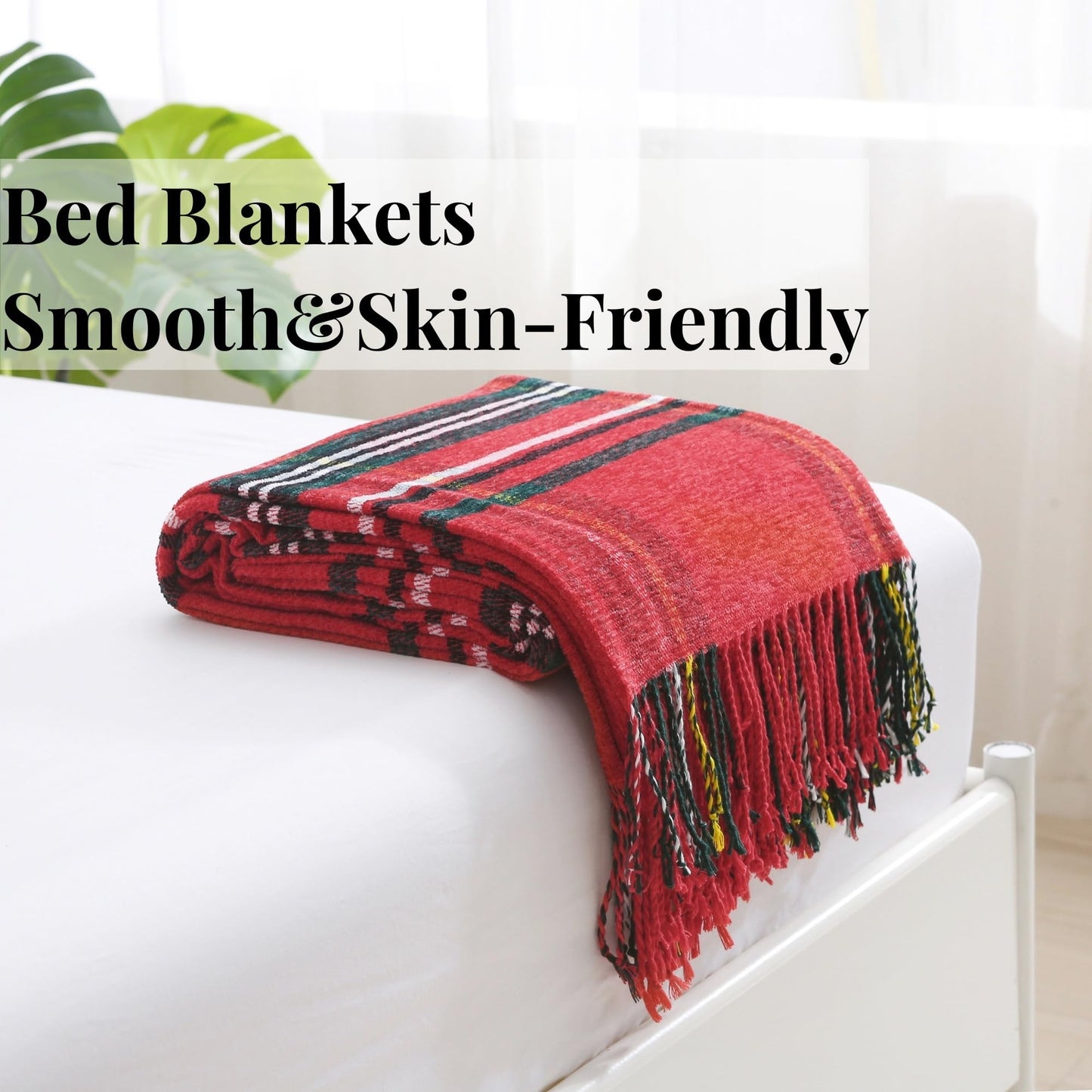 Saukiee Christmas Blanket Plaid Throw Blanket for Couch with Tassels Tartan Chenille Throw Fringe Sofa Bedroom Christmas Blankets and Throw Decor 50 * 60inch