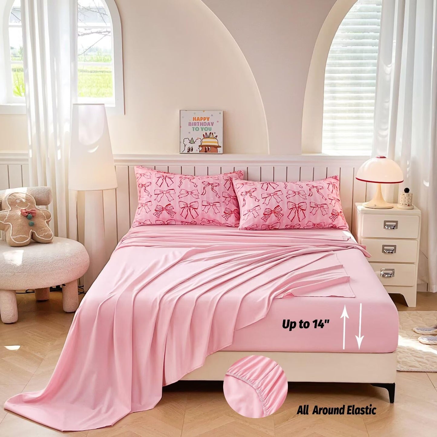 GRAT TIOC 6 Pieces Pink Bow Ribbon Comforter Set for Girls Twin,Girly Bed in A Bag Coquette Bows Bedding Set for Girl Kids (1 Comforter,1 Flat Sheet,1 Fitted Sheet,2 Pillowcases and 1 Cushion Cover)