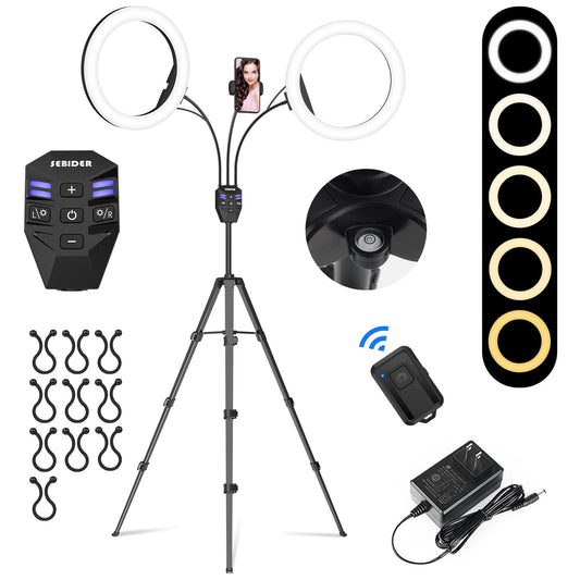 SEBIDER 10" LED Ring Light with Tripod Stand & Phone Holder,Dual LED Ring Lights Dimmable with 5 Light Modes(2700-6500K) &12 Brightness for Makeup/Photography/TikTok/YouTube/Selfie Live Streaming