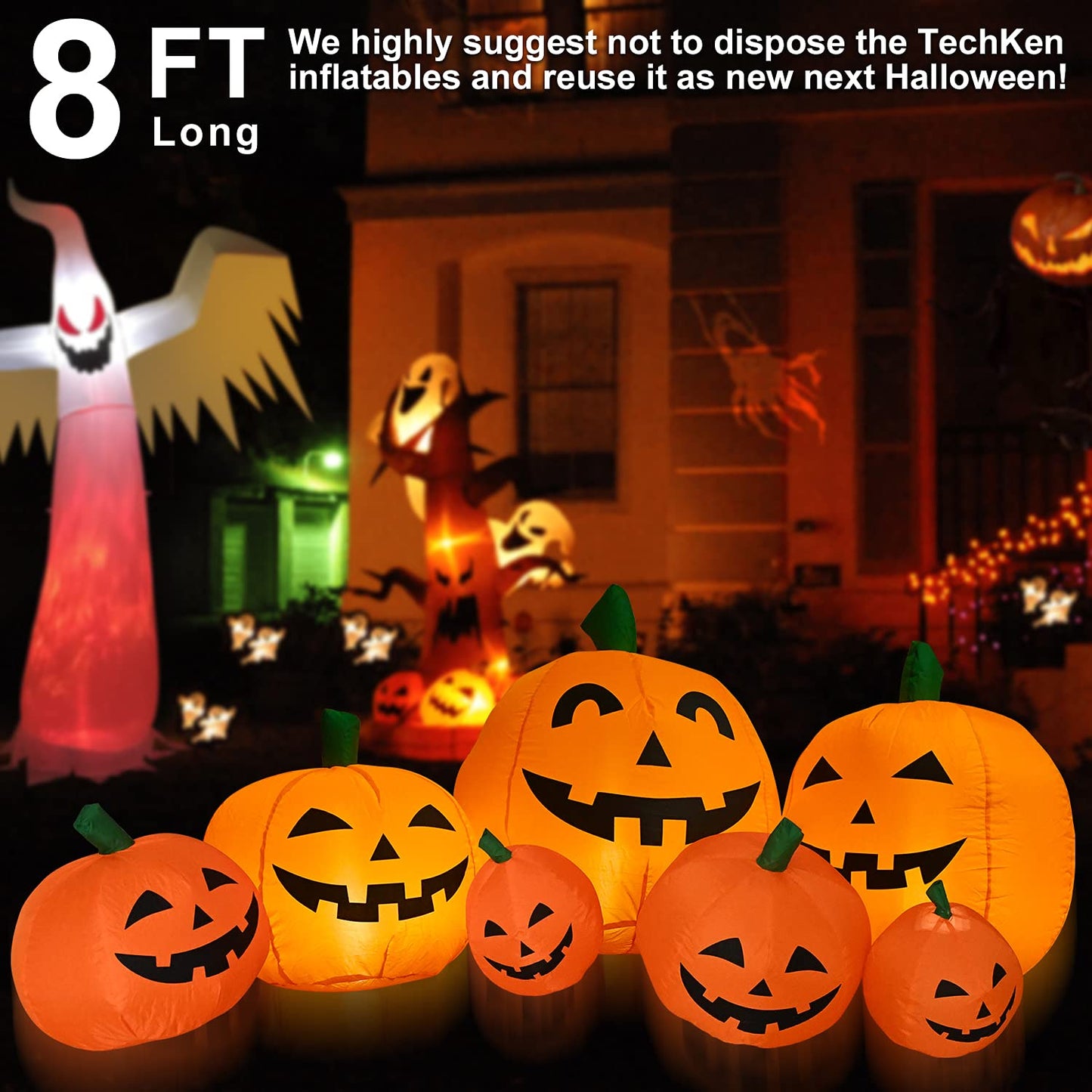 TechKen Halloween Inflatables 8FT Long Inflatable Pumpkins with Built-in LEDs - Outdoor Yard Decorations for Harvest and Halloween Party, Garden, Lawn - Fun Halloween Decors Harvest Giant Pumpkins