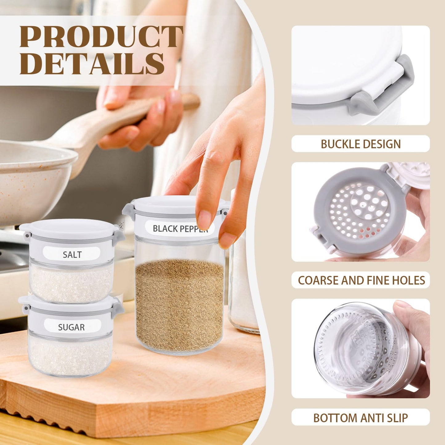 Diakey 2 Pack Spice Shaker for Salt & Pepper, Anti-Clogging, Airtight Lid, Seasoning Containers Glass Spice Jars with 2 Hole Sizes and Labels, 6.8oz