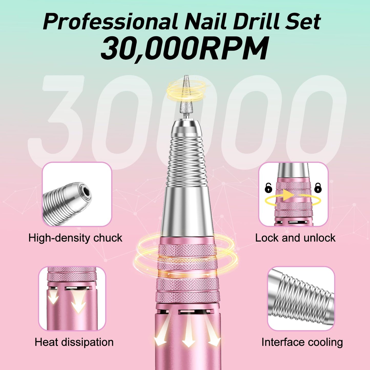 20000RPM Electric Nail Drill Professional Nail File Drill Acrylic Nails Kit for Manicure Gel Nail Polish Remover with 1 Pack of Sanding Bands(Pink)