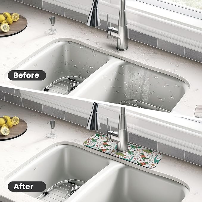 Dinosaur Christmas Happy New Year Kitchen Sink Splash Guard Faucet Mat Super